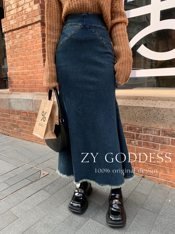 Original price 98.99! [ZY] Retro hot girl plus velvet self-heating raw edge washed denim fishtail skirt skirt (spot) J258-1