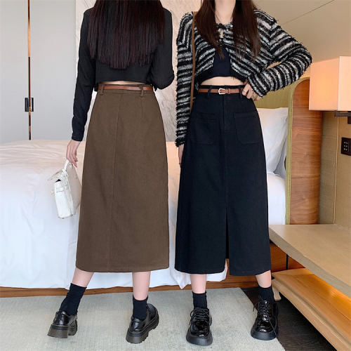 Real price real price new high waist thin middle slit a-line tooling denim skirt women's long skirt with belt
