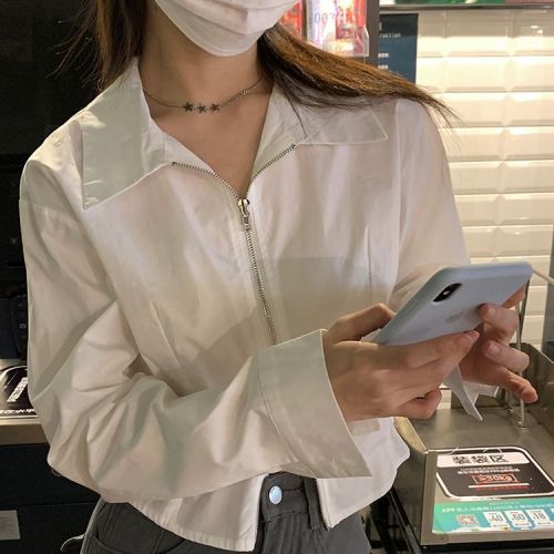 Official picture Short shirt women's spring and autumn new Korean style design sense niche white loose long-sleeved zipper shirt