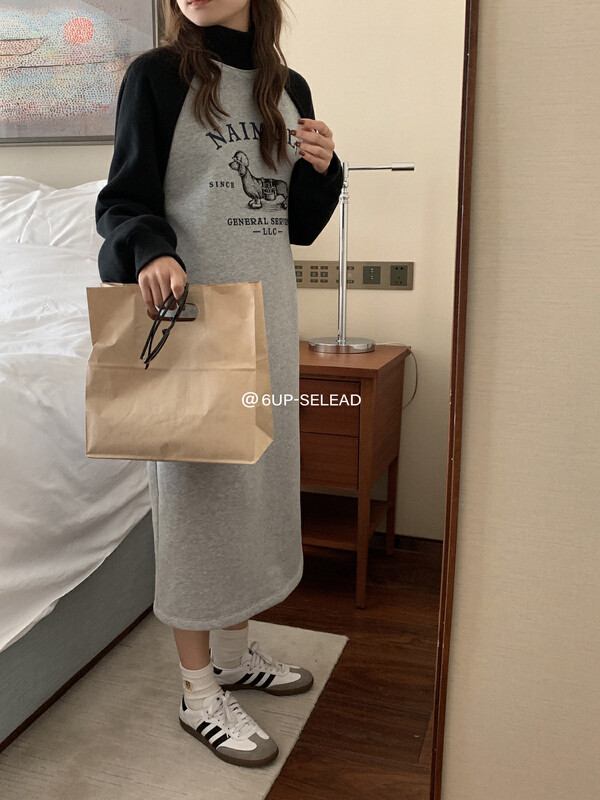 【6-UP】Korean color contrast stitching stand collar dress 69336# CQW