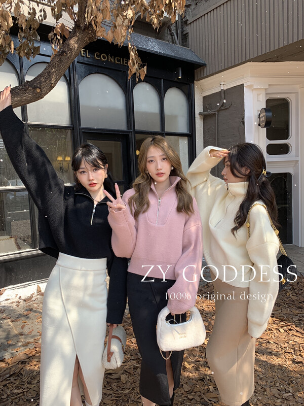 [ZY] Lazy style stand collar lapel zipper loose all-match wool sweater (30% wool) S105