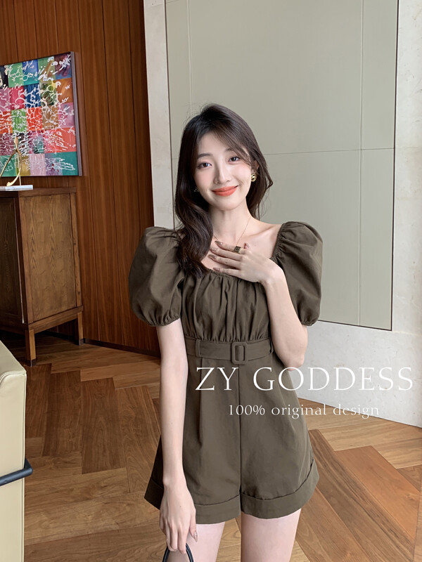 【ZY】Retro two-wear puff sleeve slim jumpsuit (with belt) 68656