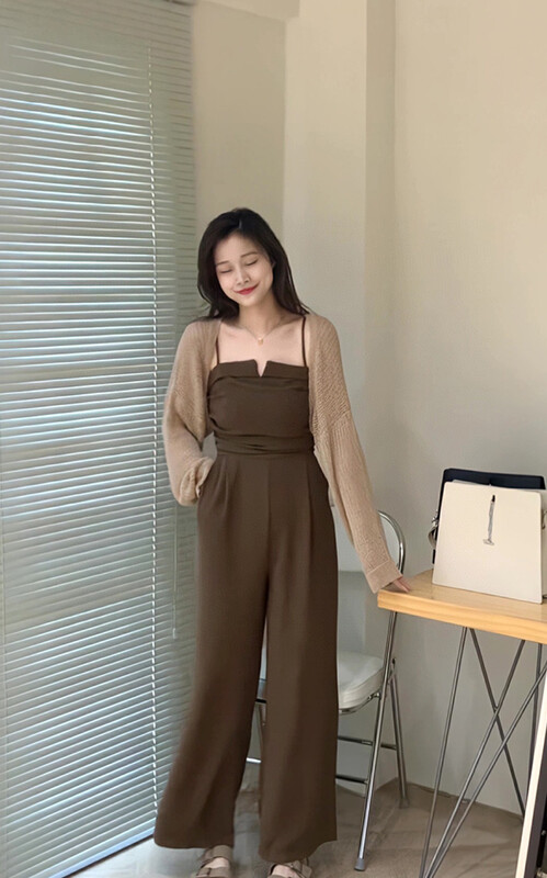 Original price 97.99! New in autumn! [WGWE] New casual fashion jumpsuit + all-match knitted cardigan suit 2716# FHX