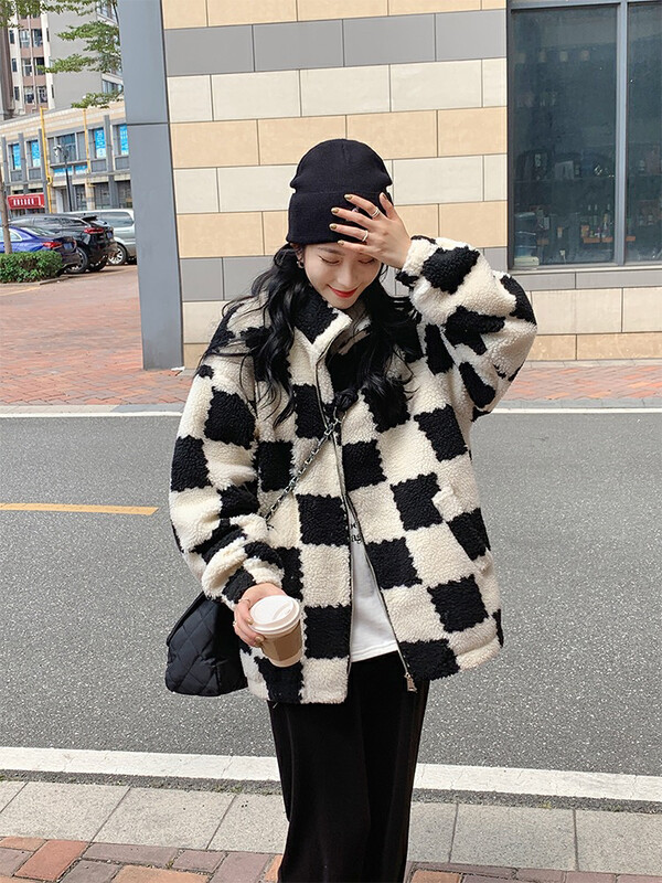 [BY] Contrasting color checkerboard thickened loose warm padded jacket 0093# HJY