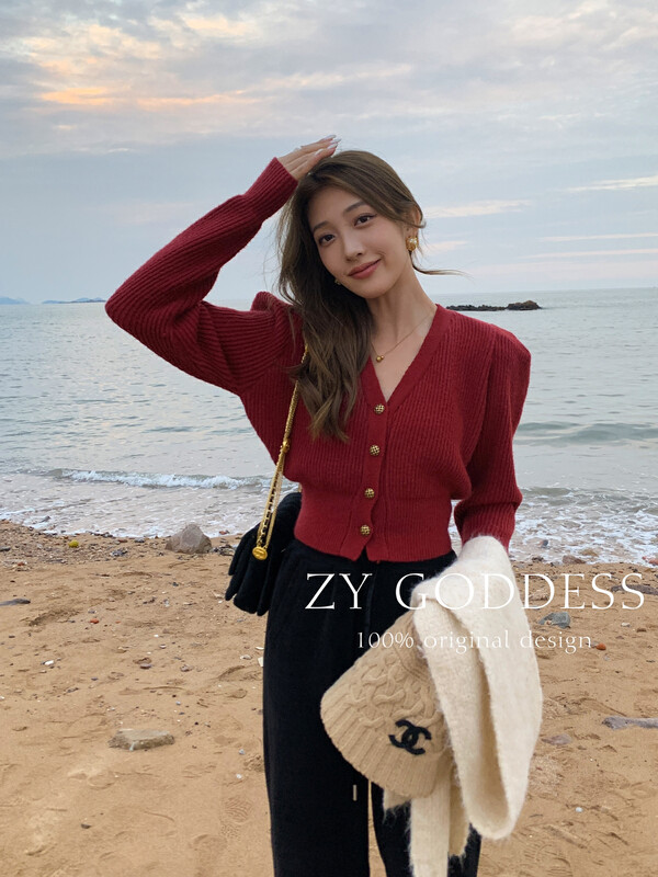 [ZY] Versatile sweet V-neck shoulder pad puff sleeve wool knitted cardigan sweater B701