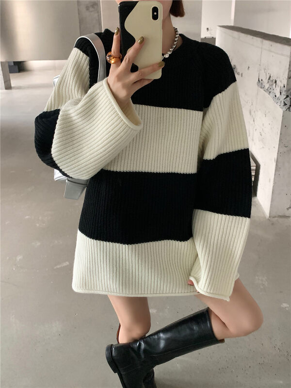 [DTU] Round neck striped lazy retro warm sweater 33199# LSL