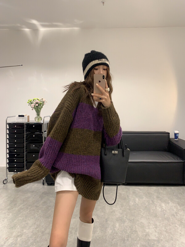 【VANESSA】Korean high-end color contrast stripe thickened warm sweater 8112# OZQ
