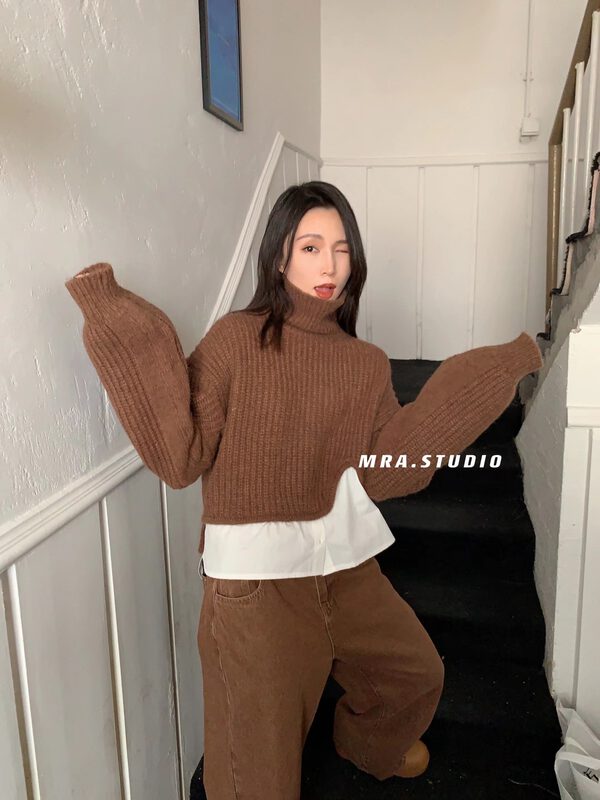【MRA】Korean design sense wool splicing shirt fake two sweaters (with 20% wool) SP100