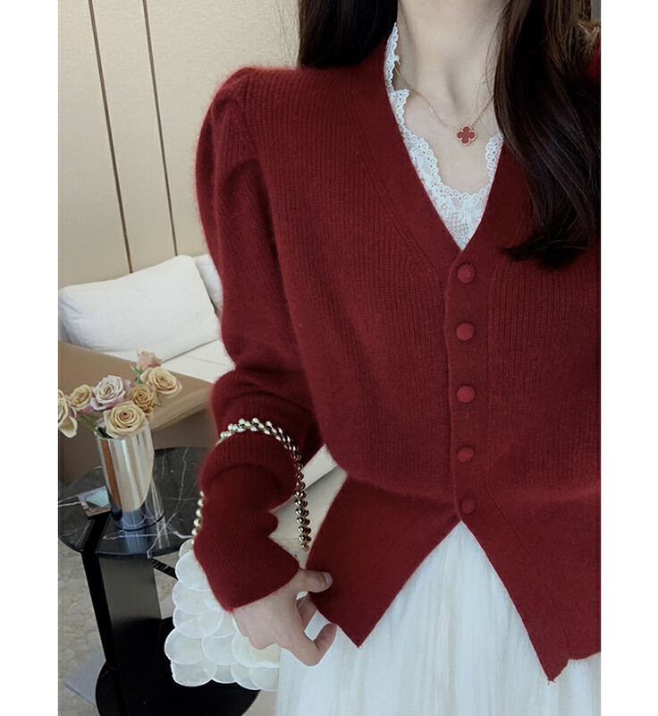 【BY】V-neck long-sleeve all-match temperament slim knitted cardigan 5924# HJY