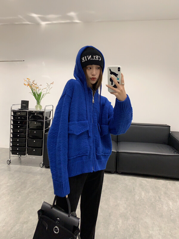 【VANESSA】Grainy wool thickened zipper hooded warm sweater 8267# OZQ