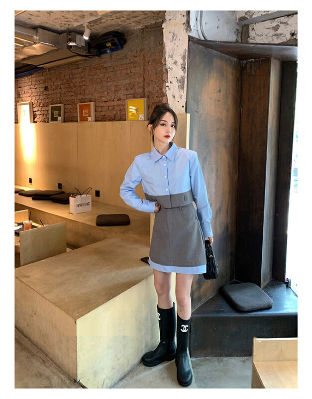 New in autumn! [WGWE] high-end shirt + color contrast skirt suit 2671# FHX