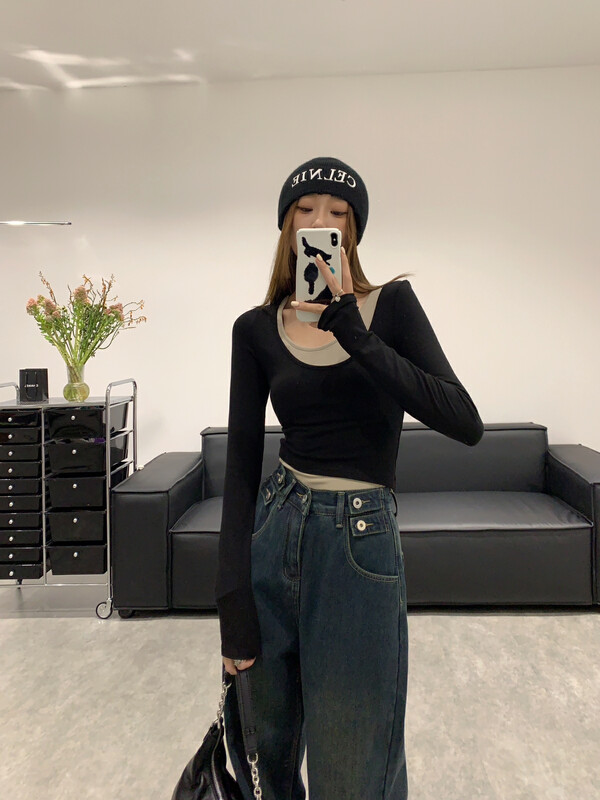 【VANESSA】Design fake two-piece brushed shirt 8371# OZQ