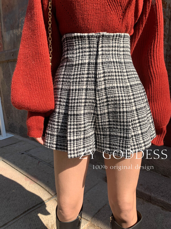 【ZY】Korean high-waist slim plaid woolen A-line shorts casual shorts 28187