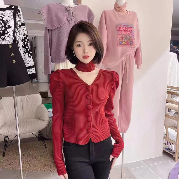 [JULIA] Temperament puff sleeve solid color knitted sweater (with halter neck) YS1-2130# PCZ