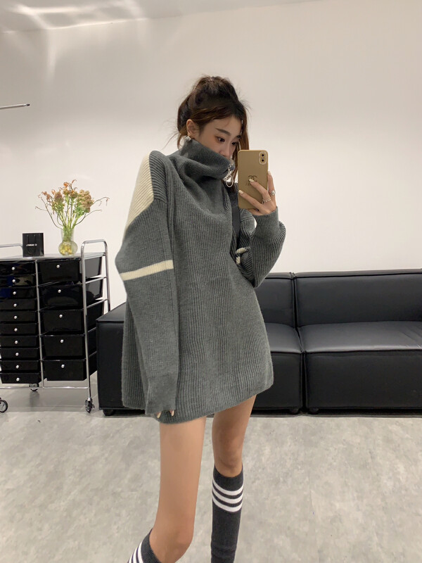 【VANESSA】Thickened turtleneck mid-length color-block warm sweater 8530# OZQ