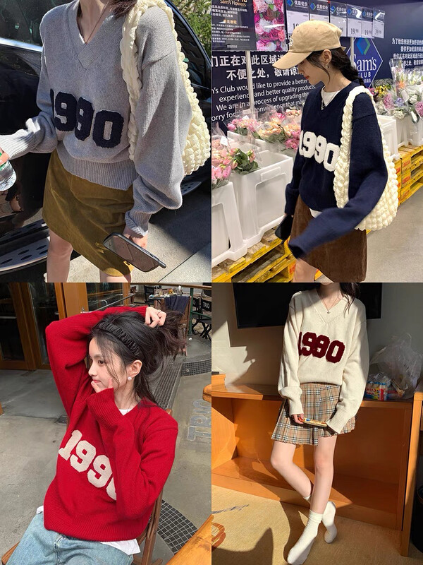 [WGWE] Age-reducing V-neck letter printing loose warm sweater 2985# FHX
