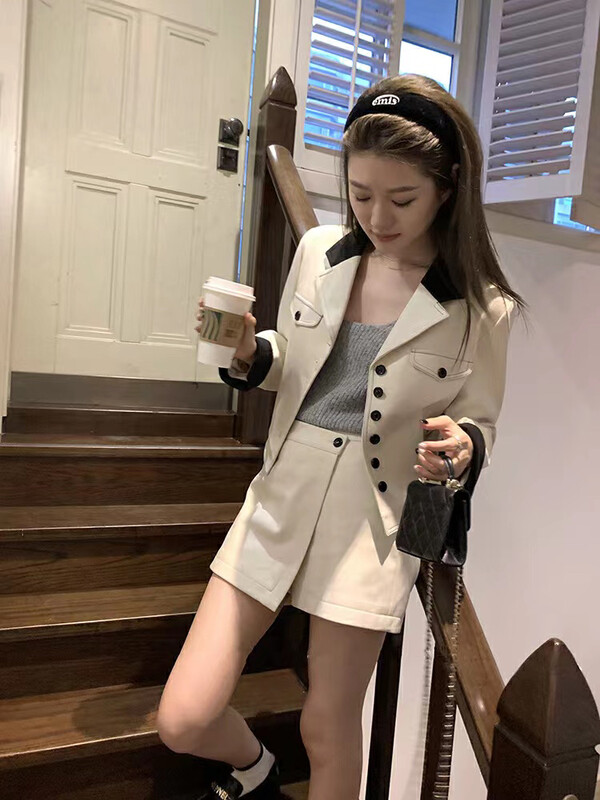 [ARE STUDIO] Lapel collar color matching suit jacket + high waist slimming skirt suit 92395# OZQ