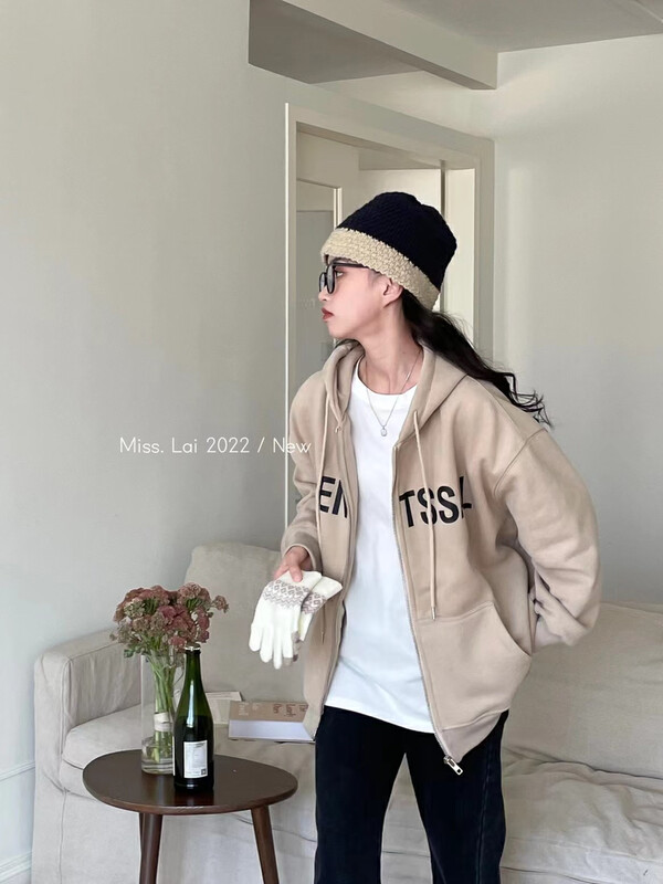 New for winter!【HH &MISS LAI】Hooded zipper letter print fleece short coat YS1-3100# L