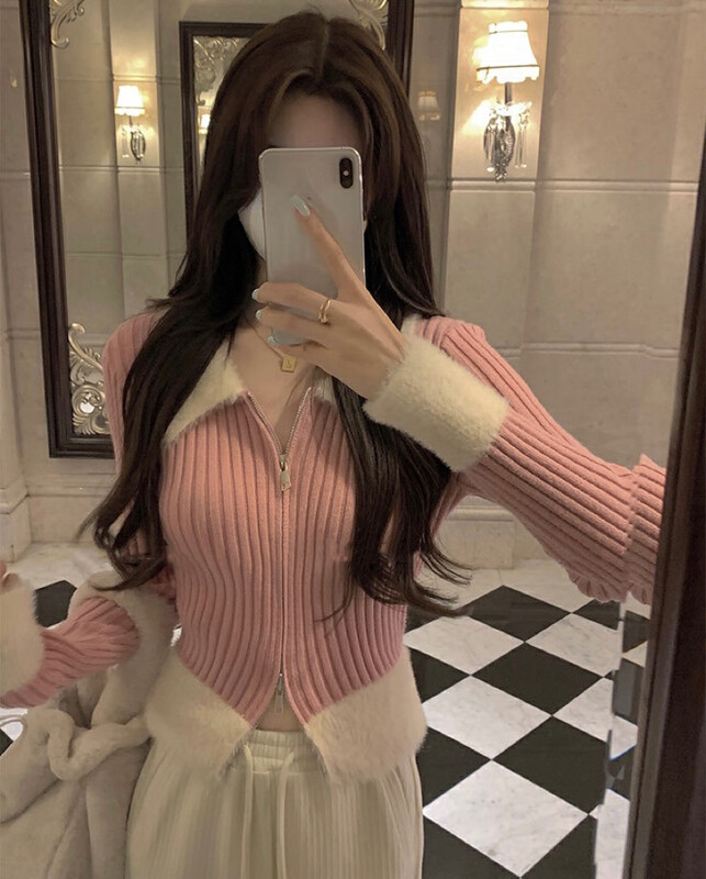 [BY] Stitching Lapel Slim Zipper Cropped Knit Cardigan 4188# PCZ