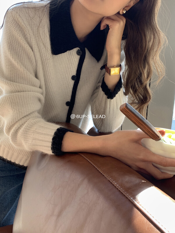 【6-UP】Korean style color contrast lapel cardigan warm sweater 69339-1# CQW