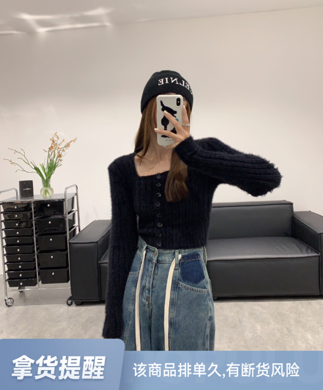 【VANESSA】One-breasted rabbit fur square collar foreign style warm sweater 8296# OZQ