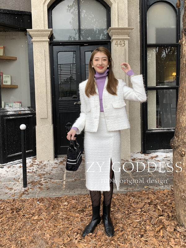 [ZY] High-grade tweed tweed with a high-level sense of fragrance and shiny jacket high waist slit skirt suit (thick quilted tweed) 18172-1