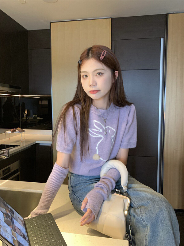 【WGWE】Sweet puff sleeve bunny jacquard warm sweater (with detachable sleeves) 3082# FHX