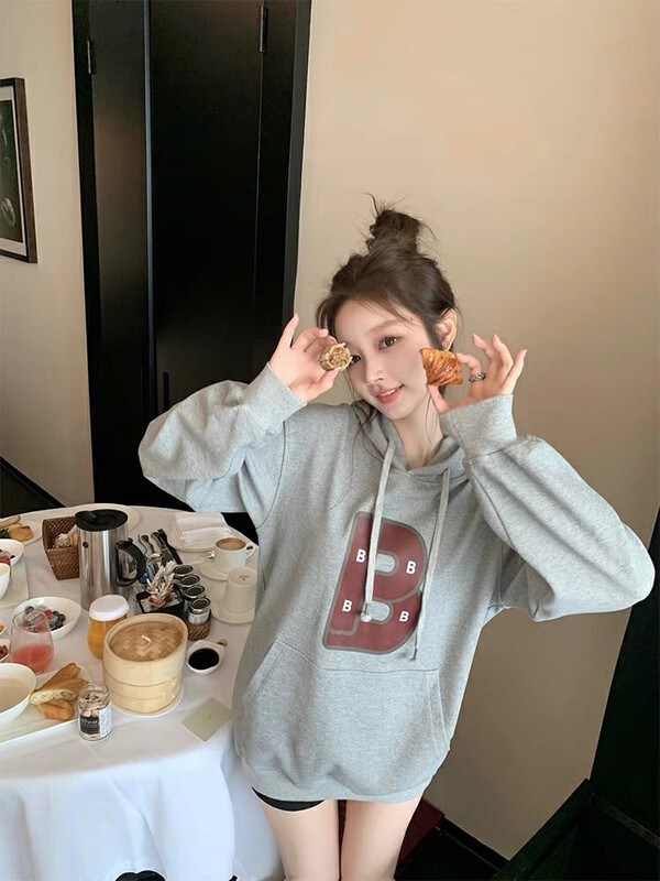 Original price 71.06! New in autumn! [WGWE] pullover letter gray loose hooded sweater 2802# FHX