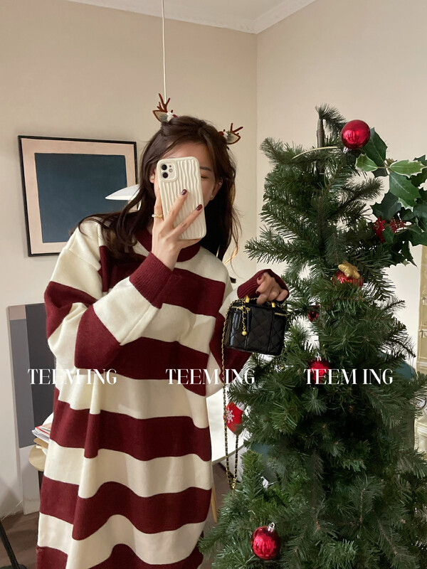 [TEEM ING] Contrasting color stripes thickened lazy style loose dress 22T695# HJY