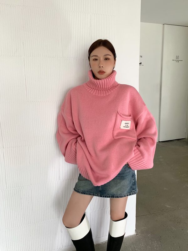 【DTU】High collar loose label pocket warm sweater 33246# LSL