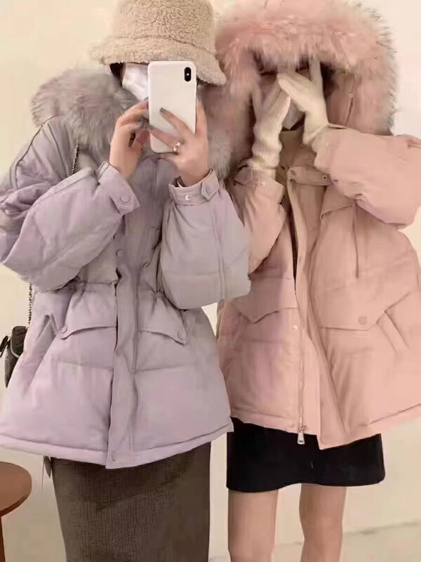 【I-D】Korean style long-sleeved all-match warm down jacket (with detachable real raccoon fur collar) (including 90% white duck down) 9029# L