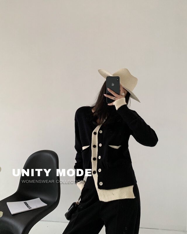 [UNITY] top women's winter lazy style bottoming sweater fake two-piece V-neck niche knitted cardigan UNITY8320# CQW