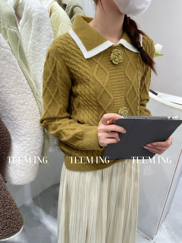 【TEEM ING】Korean contrast color lapel warm sweater 22T721# HJY