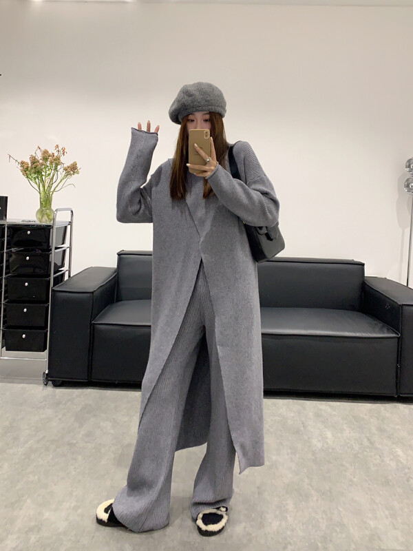 [VANESSA] design sense slit mid-length turtleneck sweater + loose casual pants two-piece suit 8503# OZQ