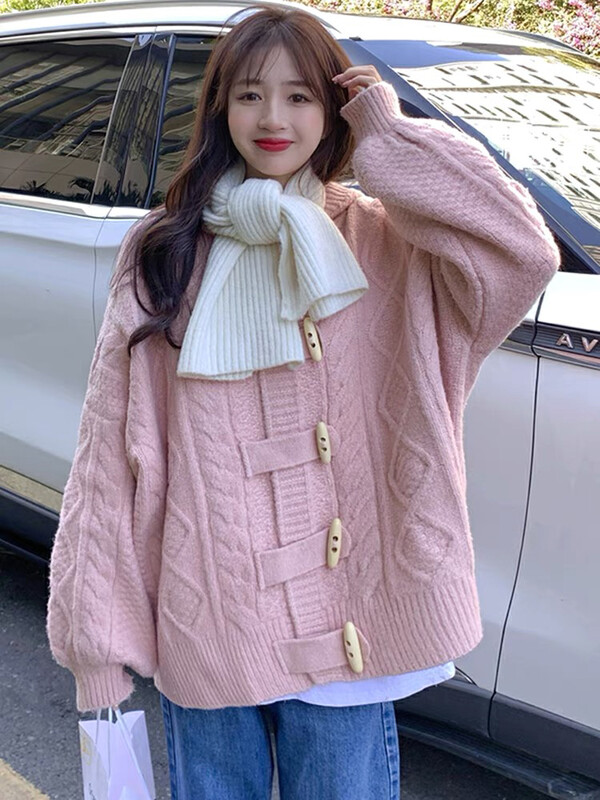 【BY】Soft, waxy, gentle, sweet, cute, lazy, loose, horn button, hooded twist warm sweater 0286# PCZ