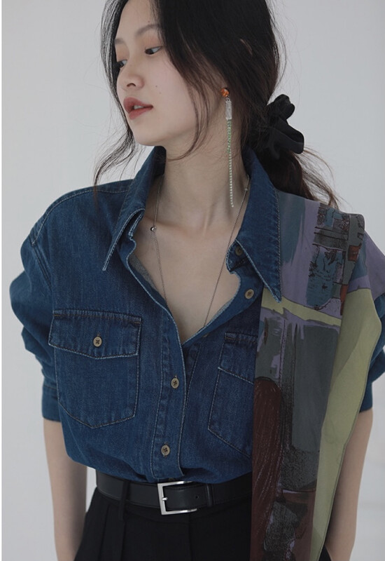 【BY】Vintage small pointed collar washed denim shirt 0238-1# HJY
