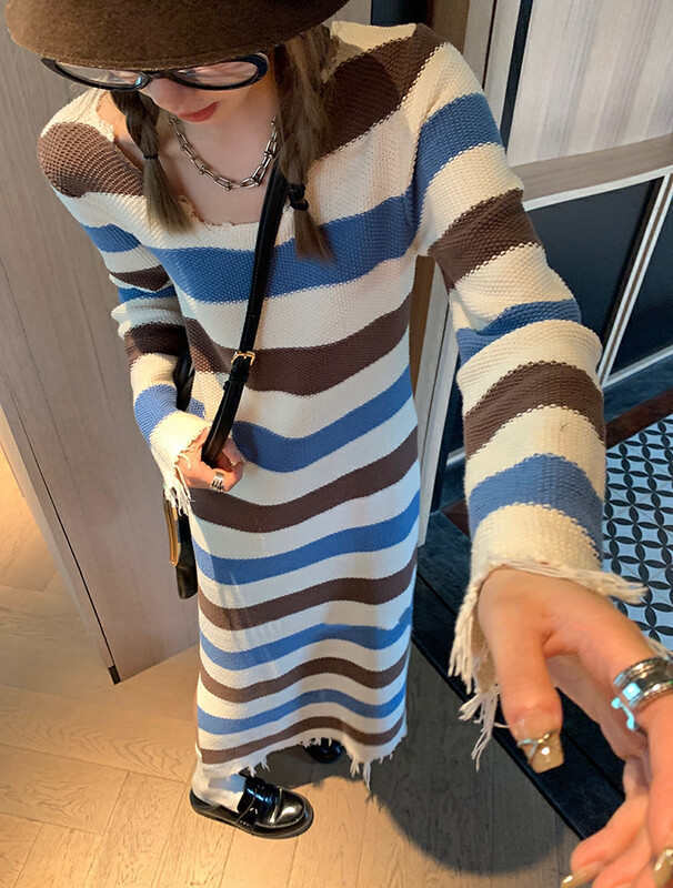 【WGWE】Striped knit slit lazy wind long dress 3032# FHX
