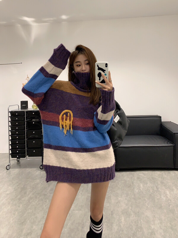【VANESSA】Middle-length warm sweater with contrast color high collar thickening 8305# OZQ