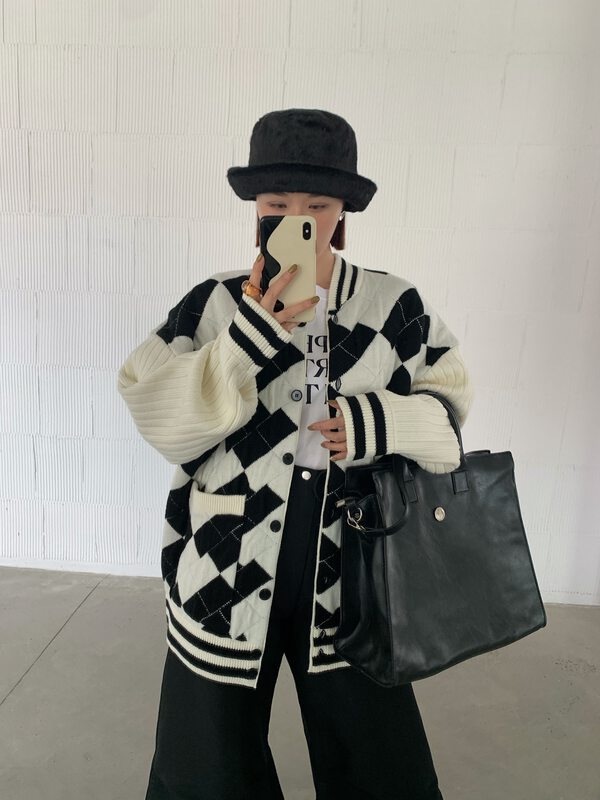 【DTU】Plaid lazy style retro casual knitted cardigan 52489# LSL
