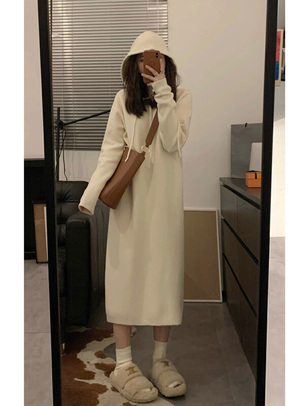 【BY】Pure Color Loose Lazy Hooded Dress 0494# PCZ
