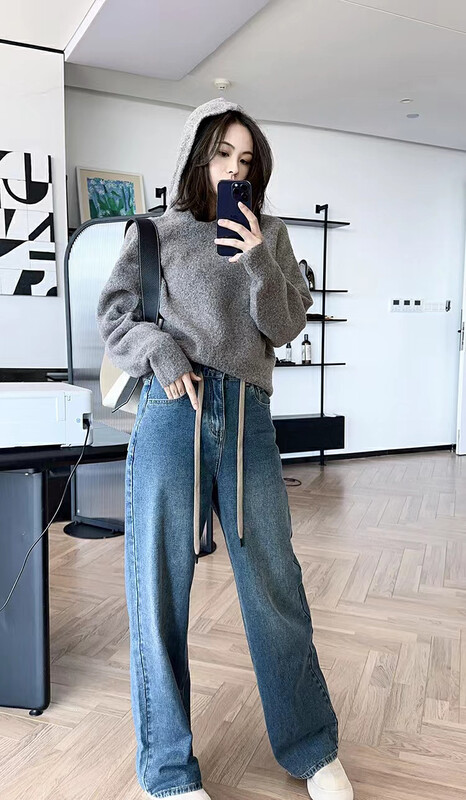 【ARE STUDIO】Casual all-match high-waist plus velvet wide-leg jeans 92667# OZQ