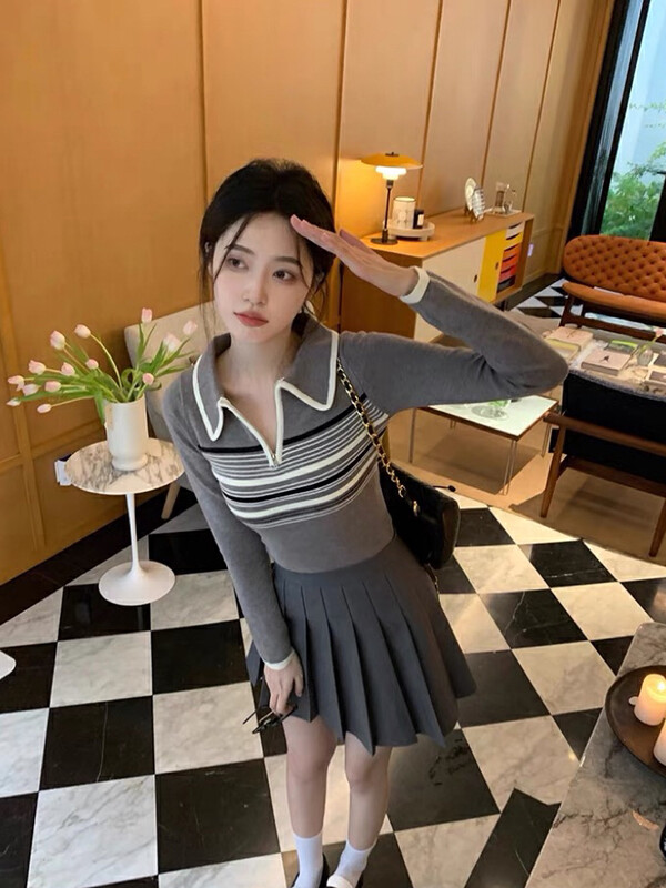 【WGWE】Polo collar striped women's slim Korean style long-sleeved T-shirt 2950# FHX