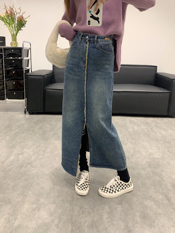【VANESSA】Design Irregular Raw Edge Denim Skirt 8361# OZQ