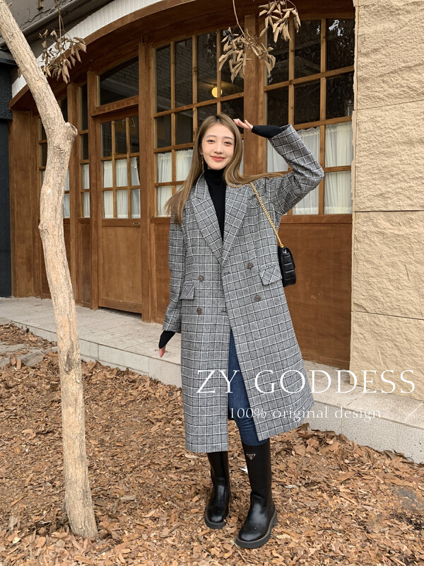 [ZY] Korean over-the-knee long retro plaid woolen quilted lapel coat (thickened clip to keep warm) 18287-1