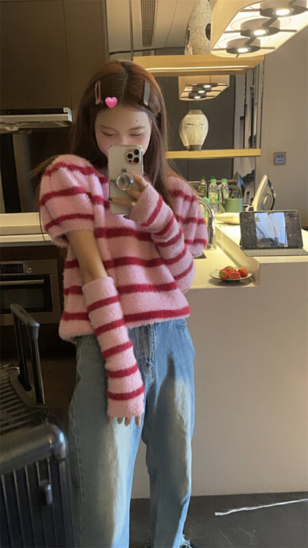 【WGWE】Designed niche loose puff sleeve striped warm sweater (with sleeves) 3028# FHX