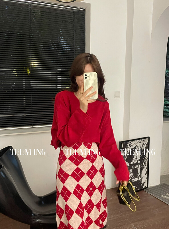 【TEEM ING】Korean Christmas Atmosphere Sweater + Plaid Dress Set 22T717# HJY