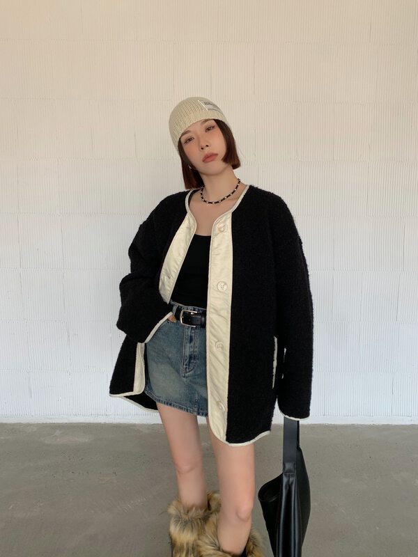 [DTU] Contrasting color lazy style retro loose short coat 33220# LSL