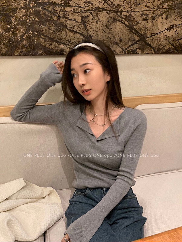 【WGWE】Simple all-match small lapel short bottoming knitted sweater 3106# FHX