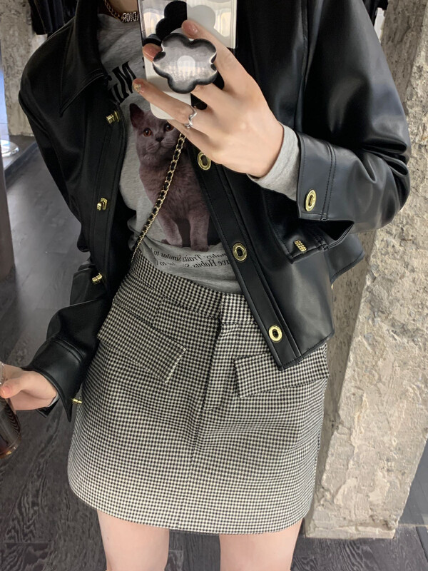 Original price 42.86! New in autumn! [WGWE] Retro all-match houndstooth high waist slim hot plaid skirt 2520# FHX