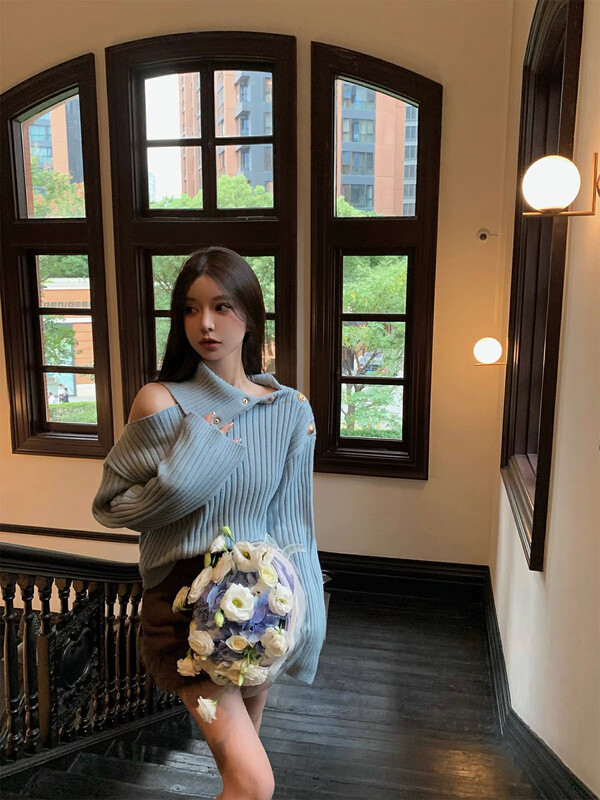 【BY】Irregular High Neck Strapless Lazy Wind Warm Sweater 0262# HJY
